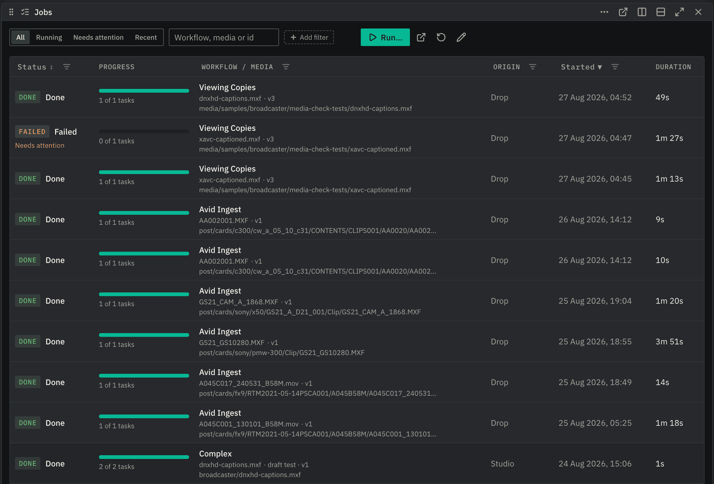 The Jobs panel. Viewing Copies and Avid Ingest runs are listed with status, progress, media path, origin, start time and duration. One run has failed and is flagged as needing attention.