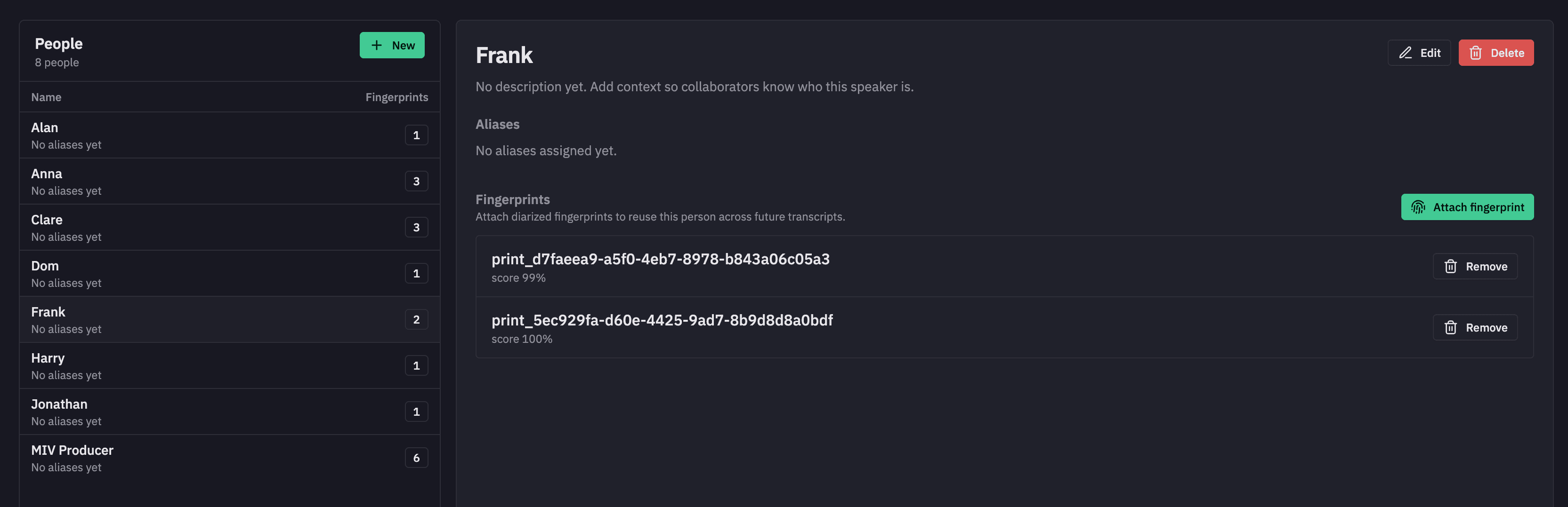 The People view in VOX. Eight people — Alan, Anna, Clare, Dom, Frank, Harry, Jonathan and MIV Producer — are listed with the number of voice fingerprints attached to each. The selected person, Frank, has two fingerprints with match scores of 99% and 100%, and an Attach fingerprint action.